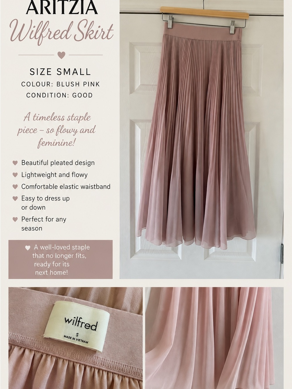 Aritzia Wilfred Blush Pink Pleated Midi Skirt